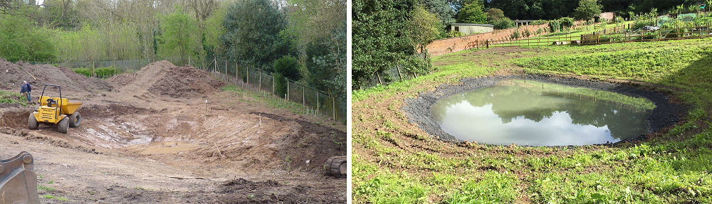 Photo of the pond being created and the completed pond.