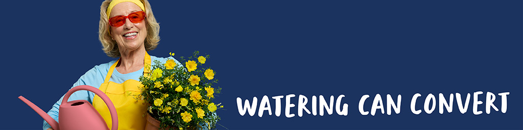 A woman holding a watering jug and plant titled 'the watering can convert'