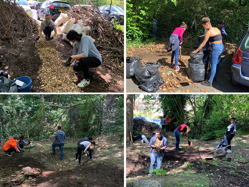 Photo collage of students creating the Nature Nook.