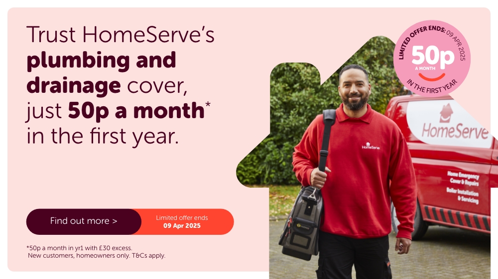 HomeServe employee in graphic saying 'Trust HomeServe's plumbing and drainage cover, just 50p a month in the first year'